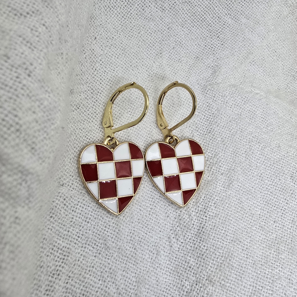 Gold Heart Drop Earrings with Red & White Checkered Enamel